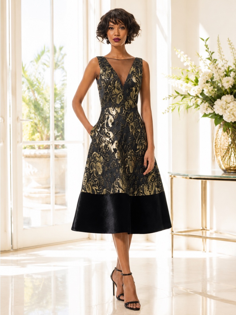 Theia black gold jacquard sleeveless V-Neck midi dress.